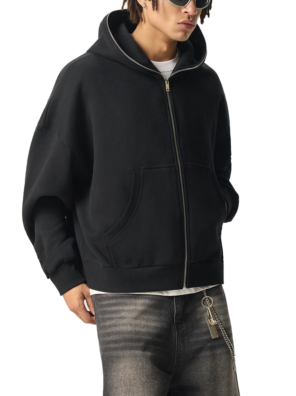Fleeced Full-Zip Boxy Hoodie