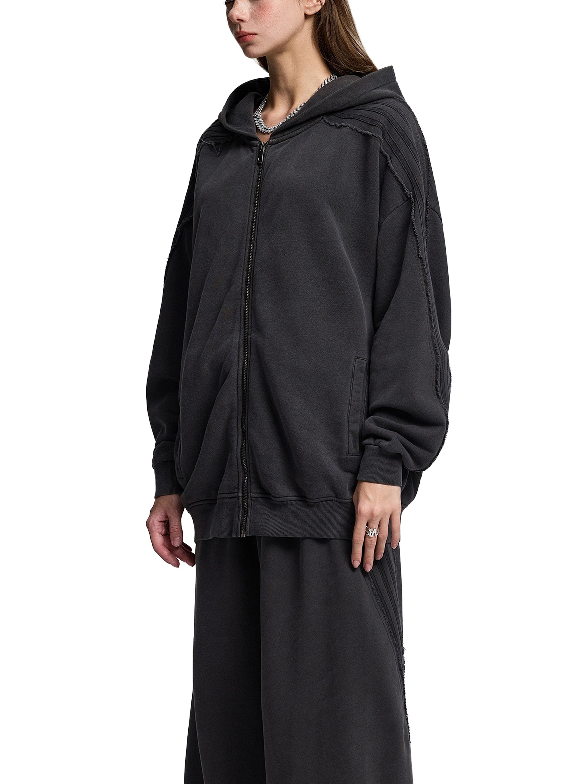 Snow Washed Tape Raw Edge Zip Hoodie