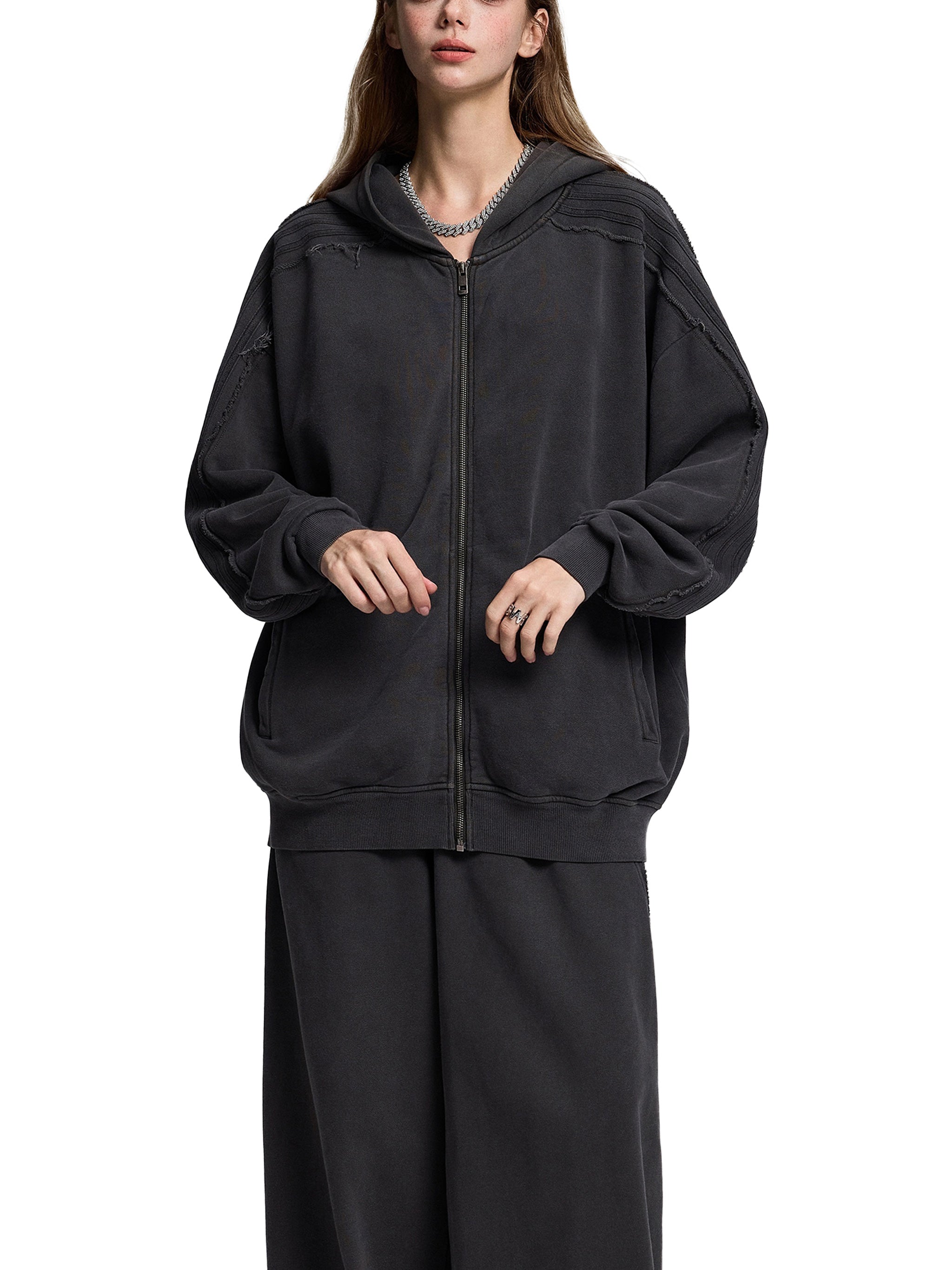 Snow Washed Tape Raw Edge Zip Hoodie